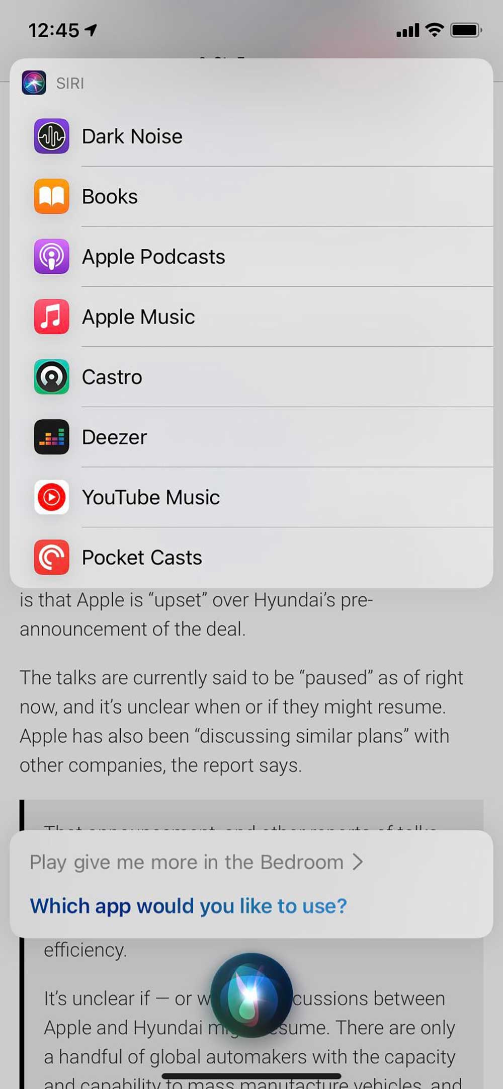 Tela da Siri permitindo mudar app de música padrão