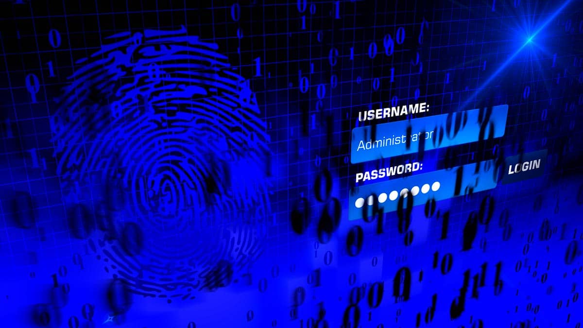 ilustração de fundo preto e azul, mostrando uma digital no canto esquerdo e uma janela pedindo login e senha à direita
