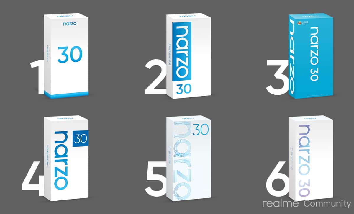 Qual caixinha do Realme Narzo 30 você prefere? Empresa quer ajuda do público para definir