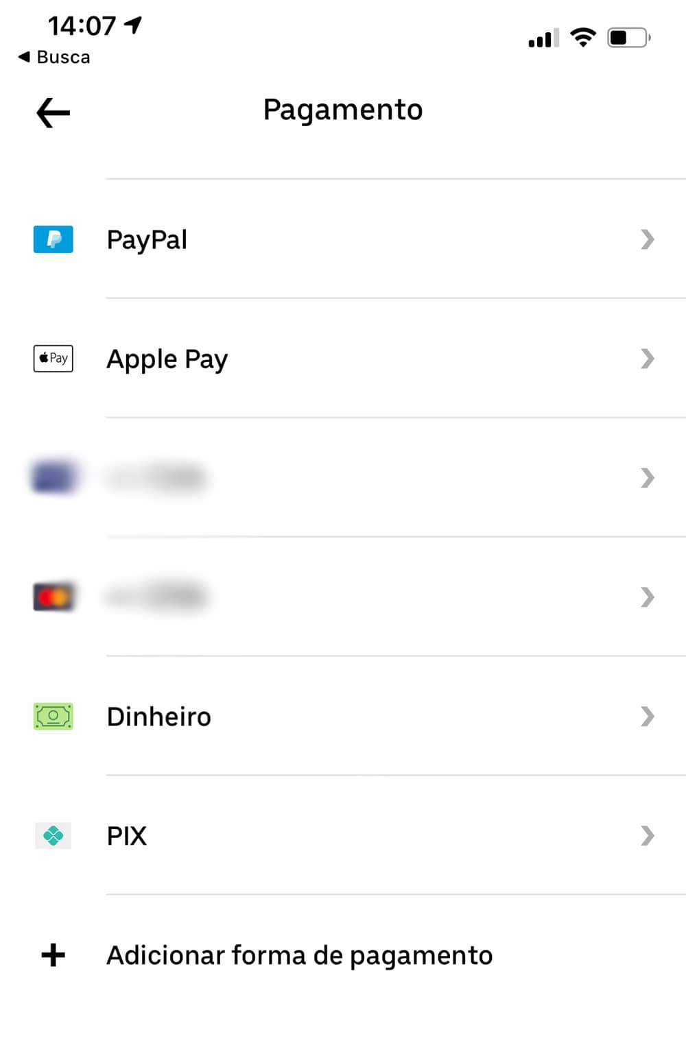 tela de pagamento do uber, com opção de pagar pelo Pix