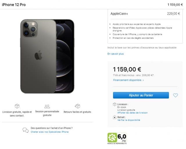 score de reparabilidade do iPhone 12 Pro na França