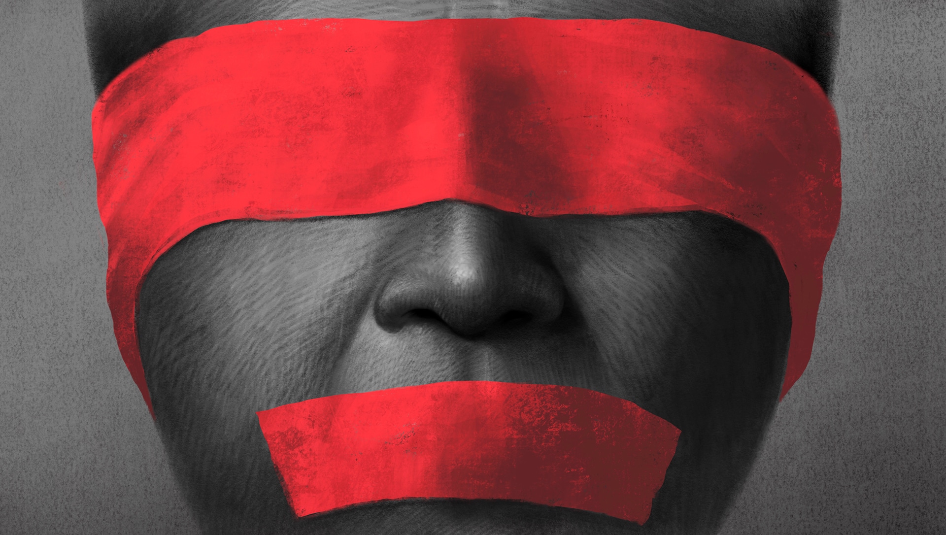 rosto com olhos, boca e ouvidos tapados por venda