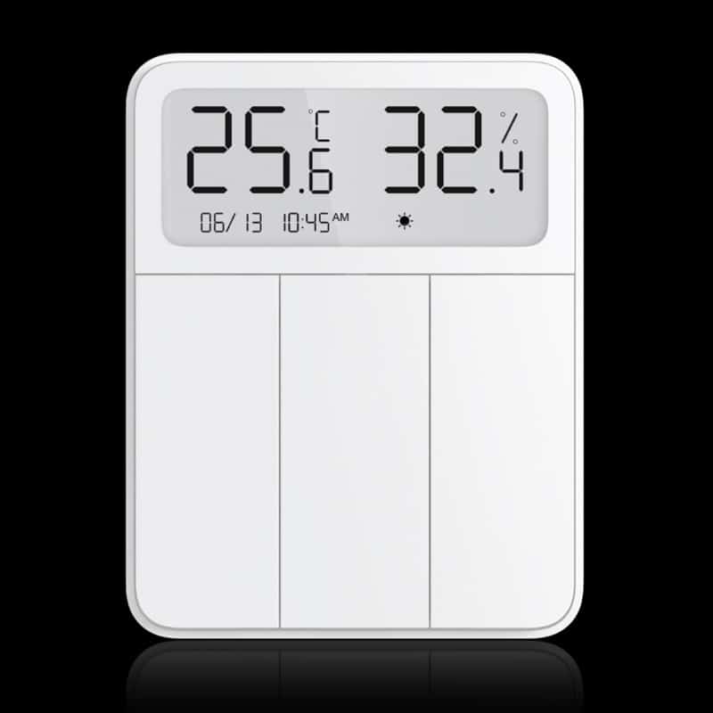 dispositivo retangular com três botões que mostra data, hora, umidade e temperatura