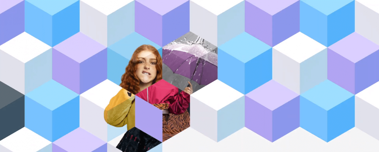 Montagem de blocos nas cores roxo, azul e branco como parte do material de divulgação da Samsung para o Galaxy Unpacked Absurdo