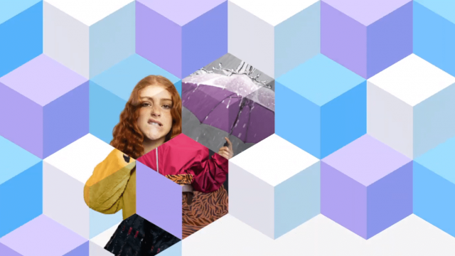 Montagem de blocos nas cores roxo, azul e branco como parte do material de divulgação da Samsung para o Galaxy Unpacked Absurdo