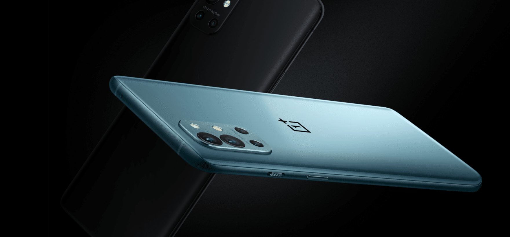 Montagem com o OnePlus 9R nas cores preto e azul, mostrando a traseira do celular