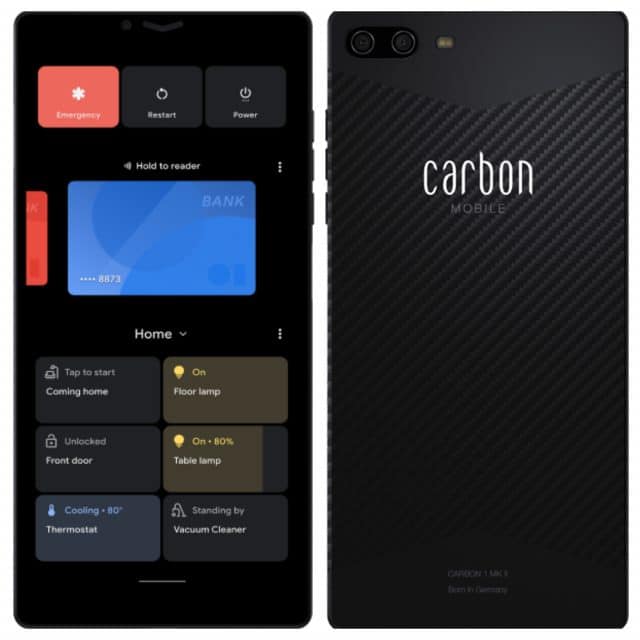 Frente e verso do smartphone Carbon 1 Mark II, celular feito em fibra de carbono lançado pela Carbon Mobile