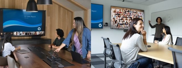 sequência de imagens mostra ambiente de trabalho híbrido fazendo reunião online