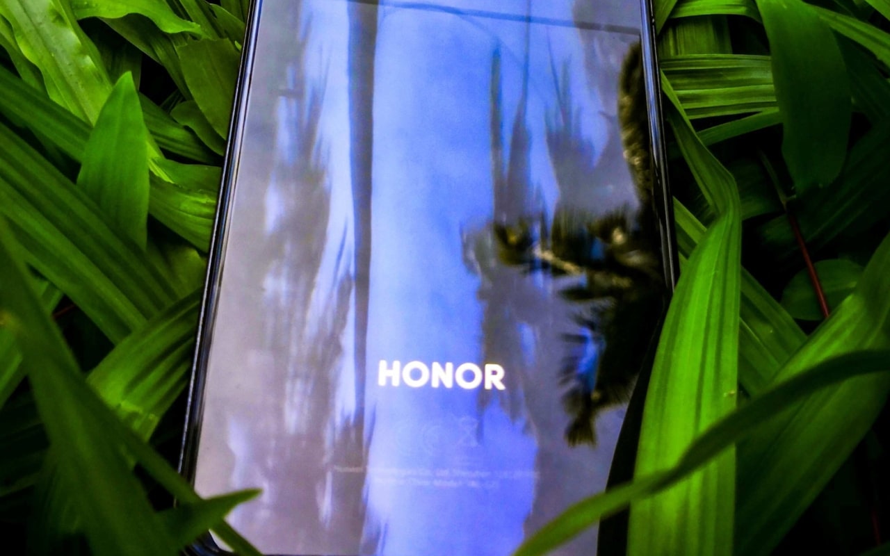 costas de um smartphone Honor no meio da grama