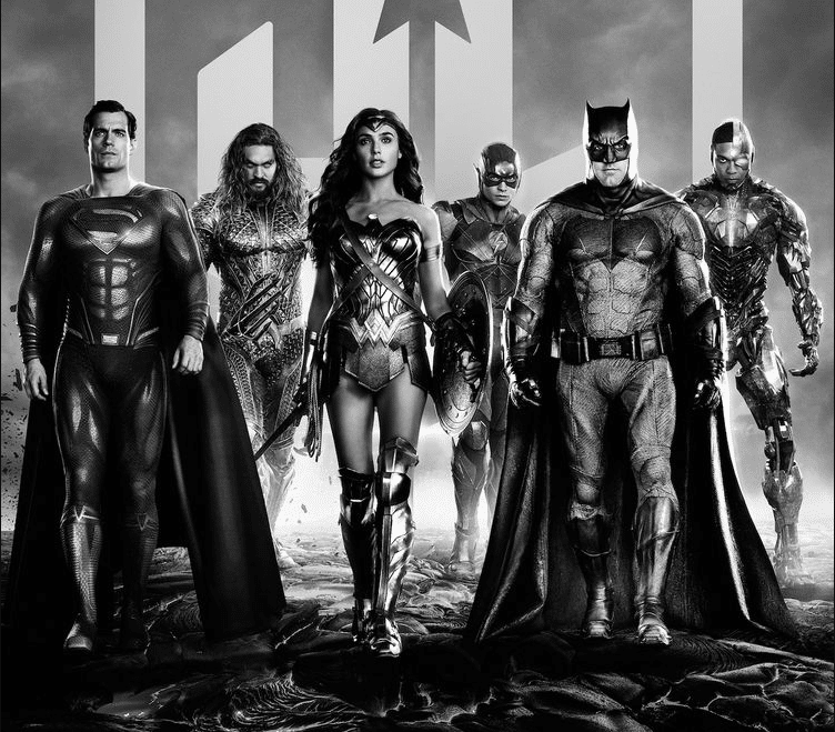 Poster de Liga da Justiça com os personagens superman, mulher maravilha, batman, flash, aquaman e lanterna verde