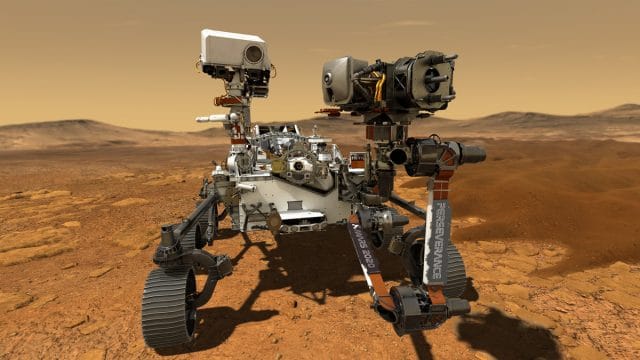Imagem da sonda espacial Perseverance em solo de Marte
