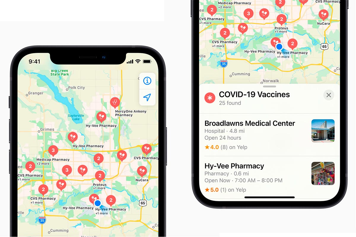 Montagem mostra iphone exibindo pontos de vacinação no apple maps