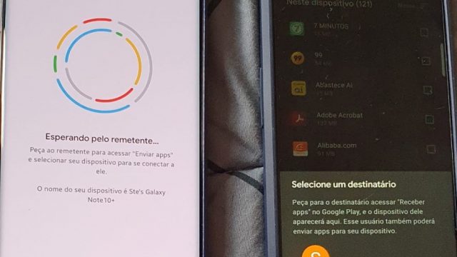 Imagem mostra dois celulares Android compartilhando um aplicativo por meio do Nearby Share em sua versão antiga