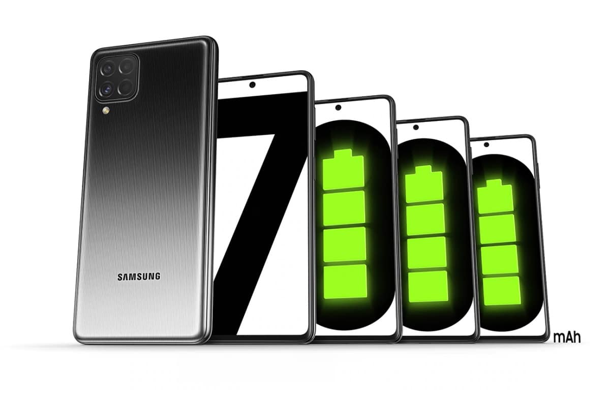 Imagem mostra fila de celulares formando o número 7000, em alusão à poderosa bateria que equipa o Samsung Galaxy M62 5G