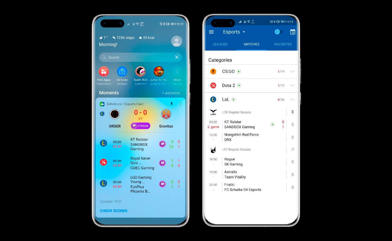 Função de resultados de eSports no Huawei Assistant