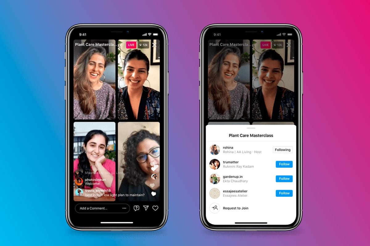 duas telas mostrando a função do live rooms do instagram com quatro pessoas