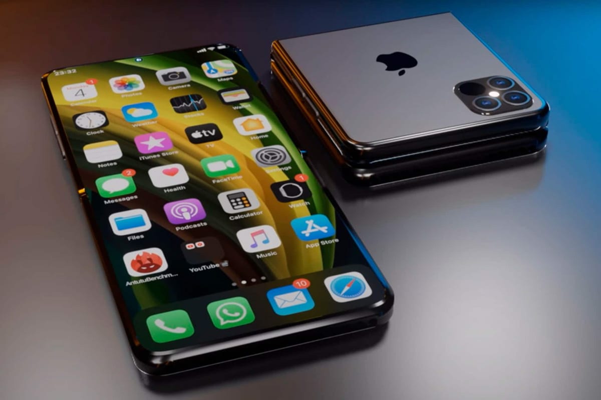 Foto ilustra conceito do possível design do futuro iPhone dobrável, em estilo flip, da Apple, que teria seu lançamento só em 2023
