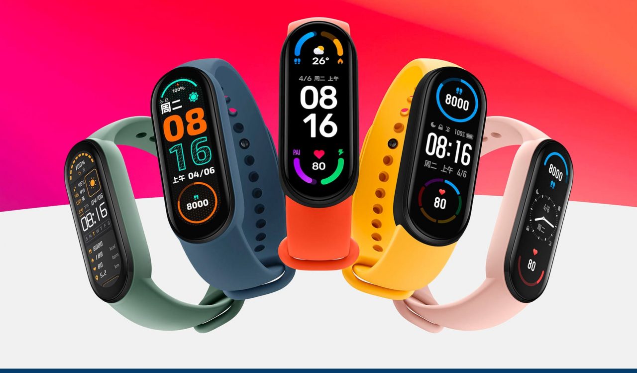 Montagem com cinco pulseiras Mi Band 6, lançadas pela Xiaomi