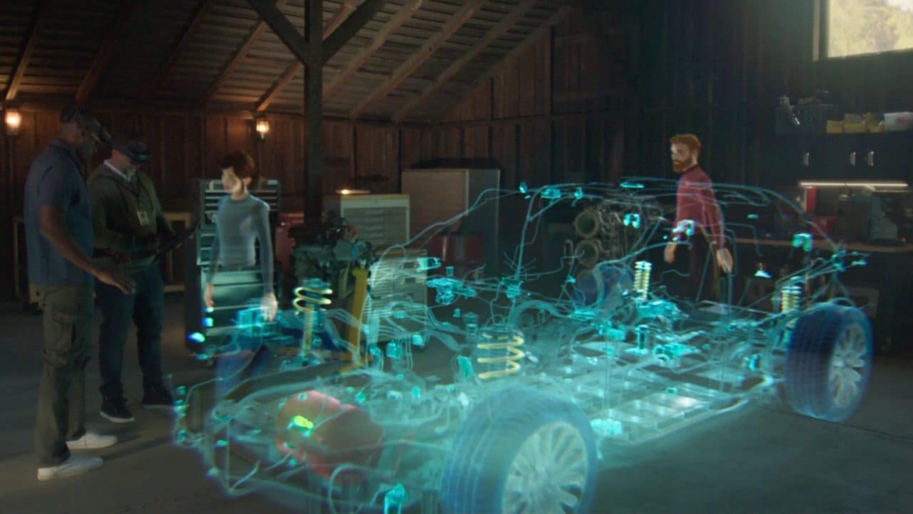 pessoas e avatares reunidos em volta de um carro em realidade aumentada