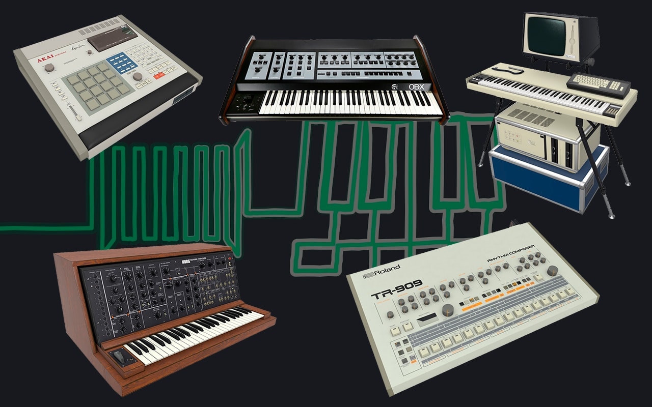 Vários instrumentos de música eletrônica sobre ilustração de um beep