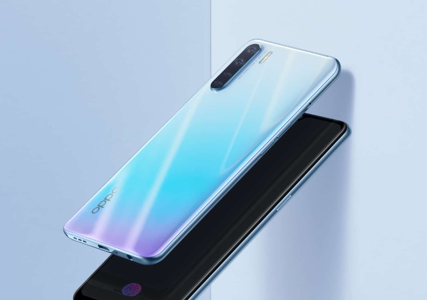 Celular da Oppo nas cores azul e roxo, com um outro celular em preto