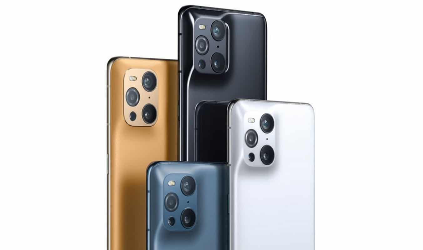 Imagem mostra o Oppo Find X3 Pro, que recebeu um prêmio pelo seu design, em quatro cores diferentes todos com a parte de trás exposta