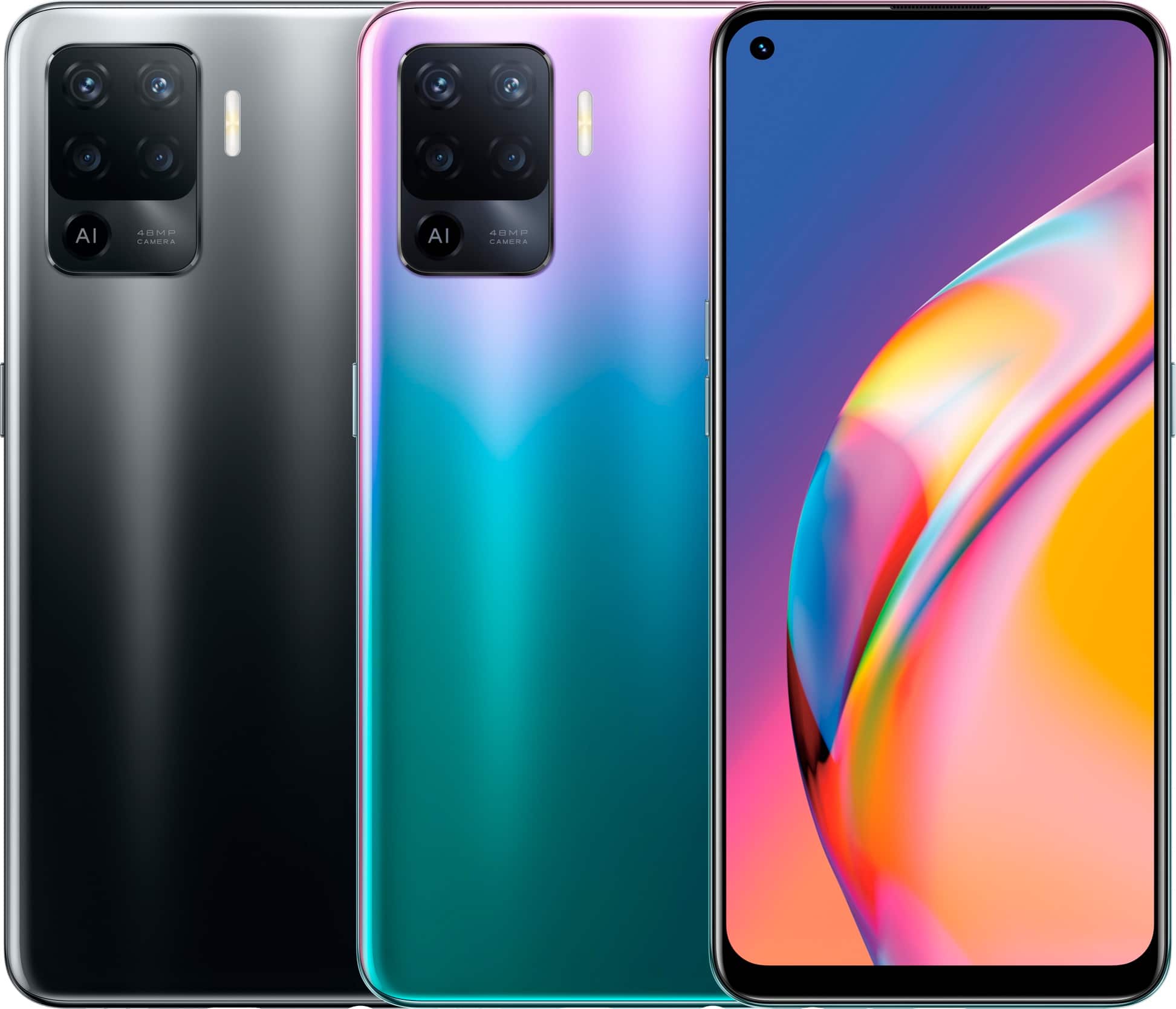 Imagem mostra três celulares Oppo Reno5 F, que foi lançado de forma oficial pela Oppo nesta quinta-feira (18/03)