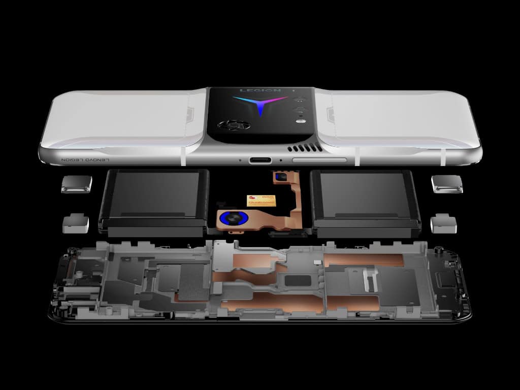 Imagem promocional do Lenovo Legion Duel Phone 2 com seus mecanismos internos expostos