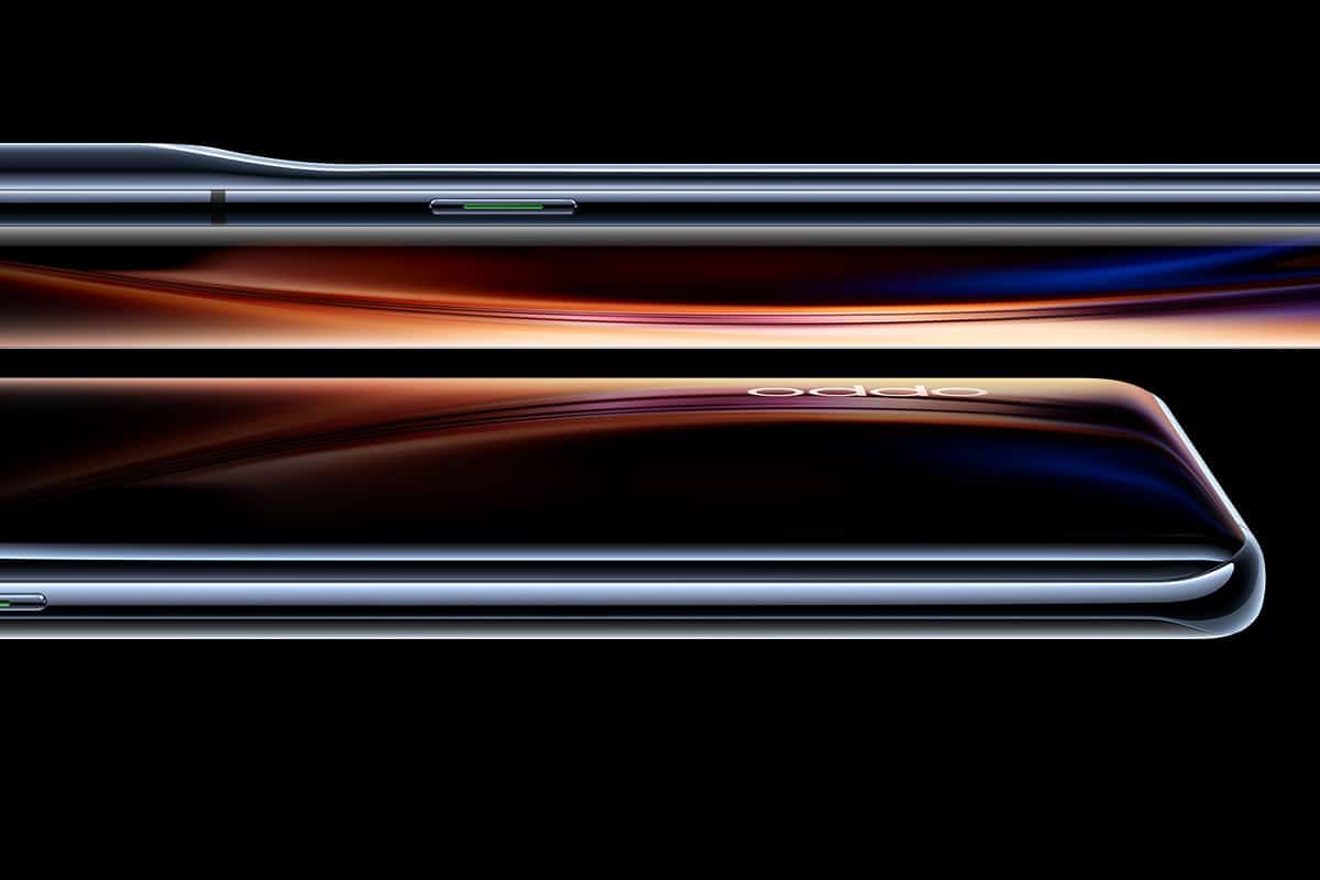 detalhe do nome Oppo entre dois smartphones da marca alinhados