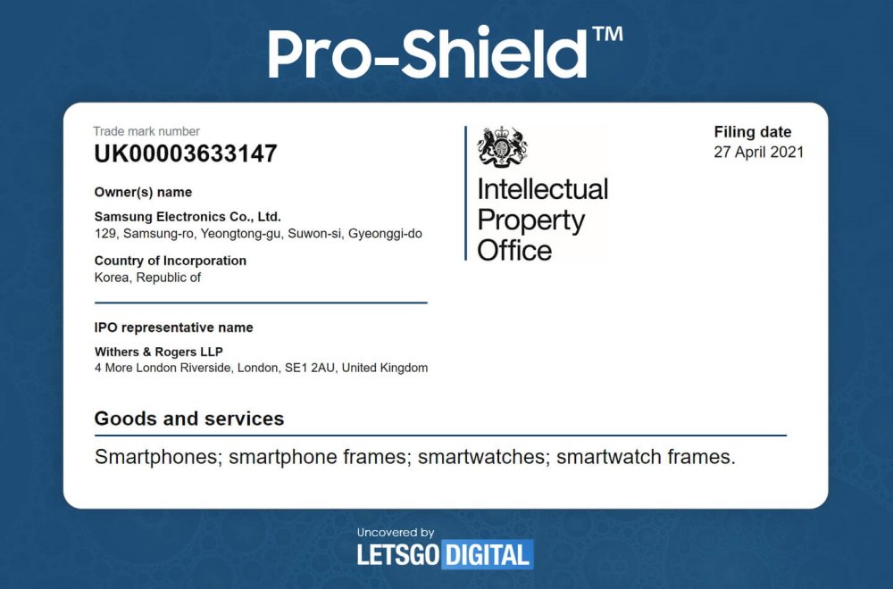 Imagem mostra patente do Pro Shield, registrado pela Samsung no Reino Unido