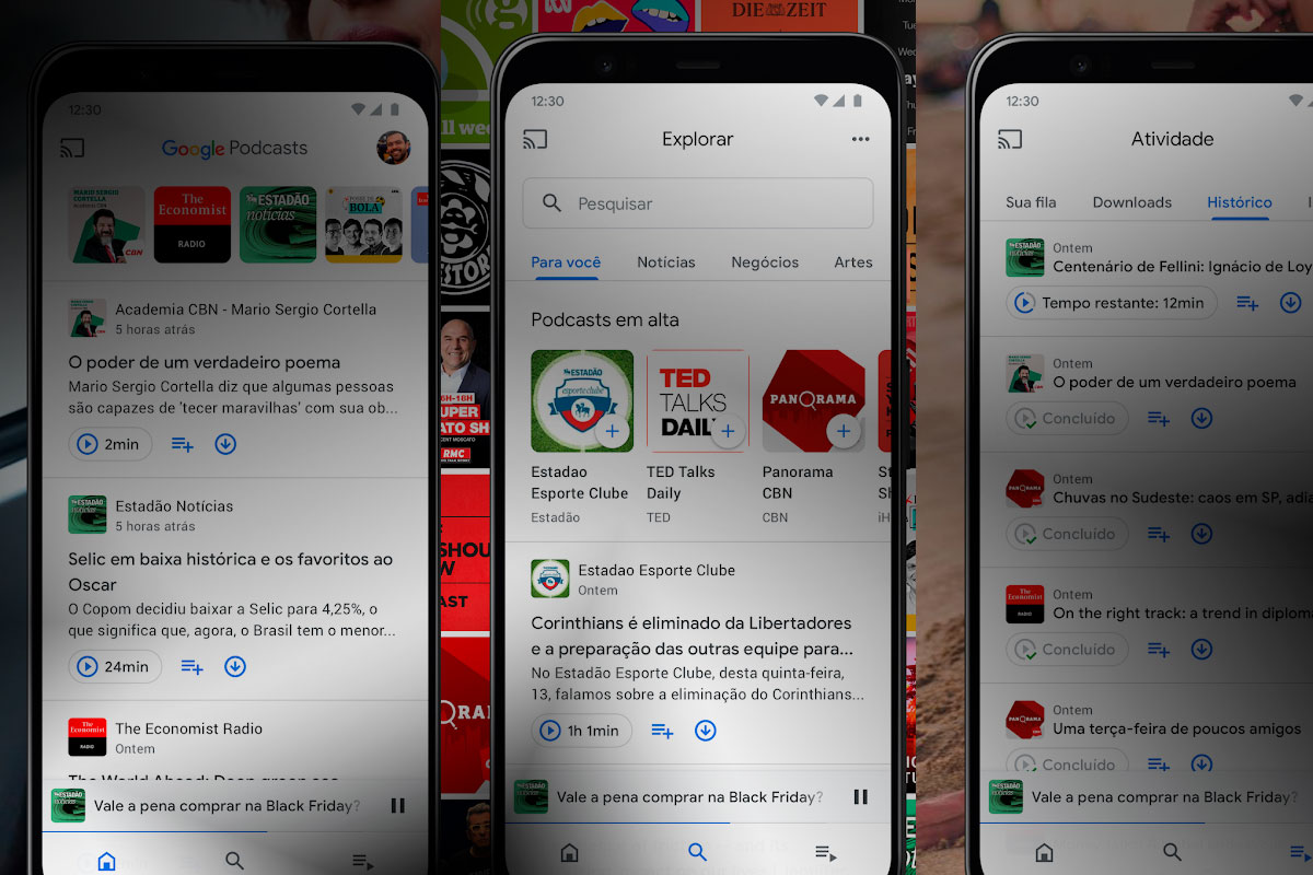 Google Podcasts atinge 100 milhões de downloads no Android. Montagem Vida Celular sob imagens do Google Play