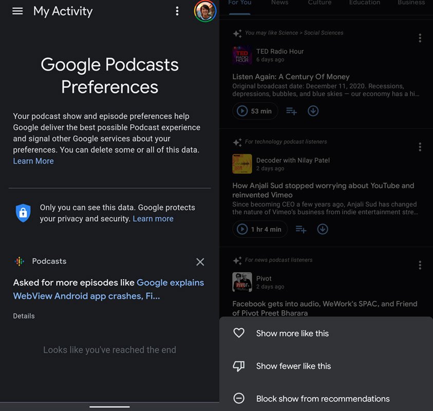 Google Podcasts vai ganhar atualização que permite customizar recomendações. Reprodução: 9to5Google