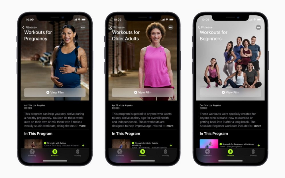 Imagem mostra novas funcionalidades do Apple Fitness+ na tela de três iPhones