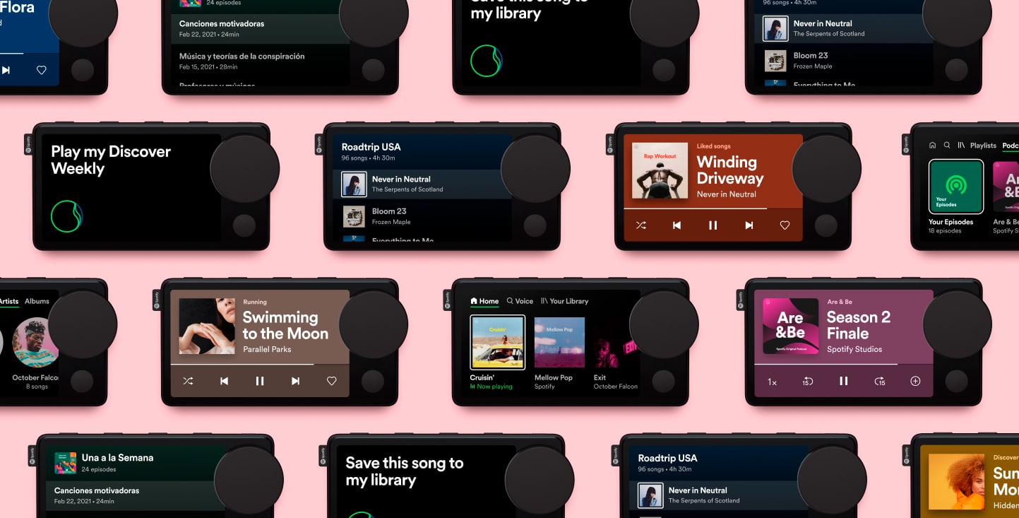 Imagem com fundo rosa mostra telas do Spotify Car Thing