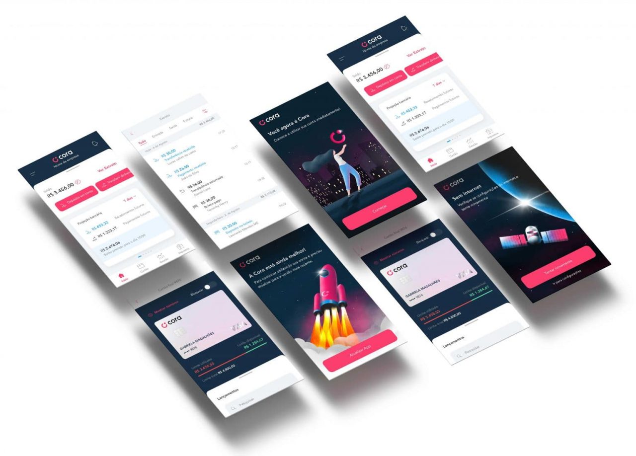 várias telas do app da fintech Cora