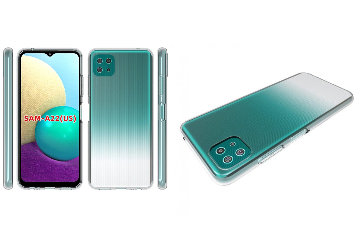 Galaxy A22 mostrado de lado, de frente e de trás