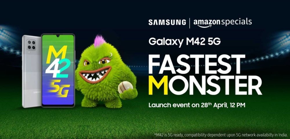 Imagem mostra teaser de divulgação do Galaxy M42 5G, que será vendido na Amazon da Índia a partir de 28 de abril