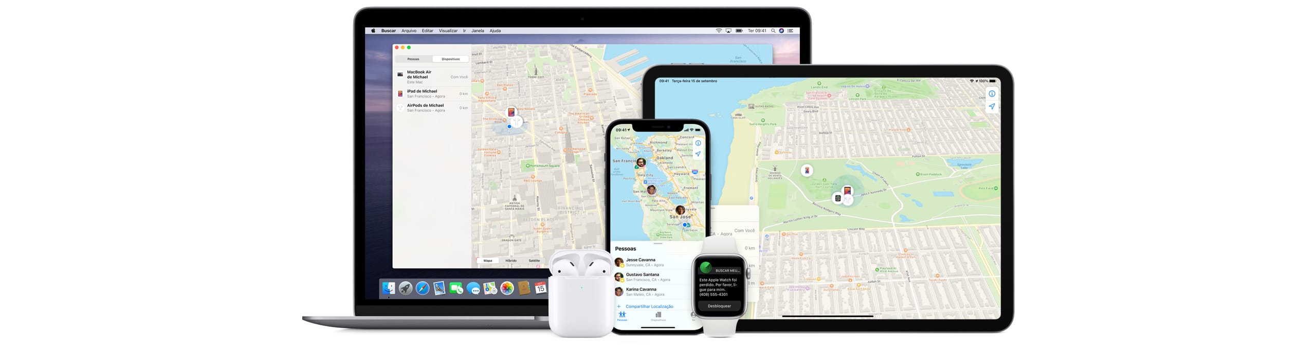 Montagem com iPhone, iPad, Macbook, AirPods e outros dispositivos da Apple utilizam o app Buscar para rastreamento de acessórios perdidos