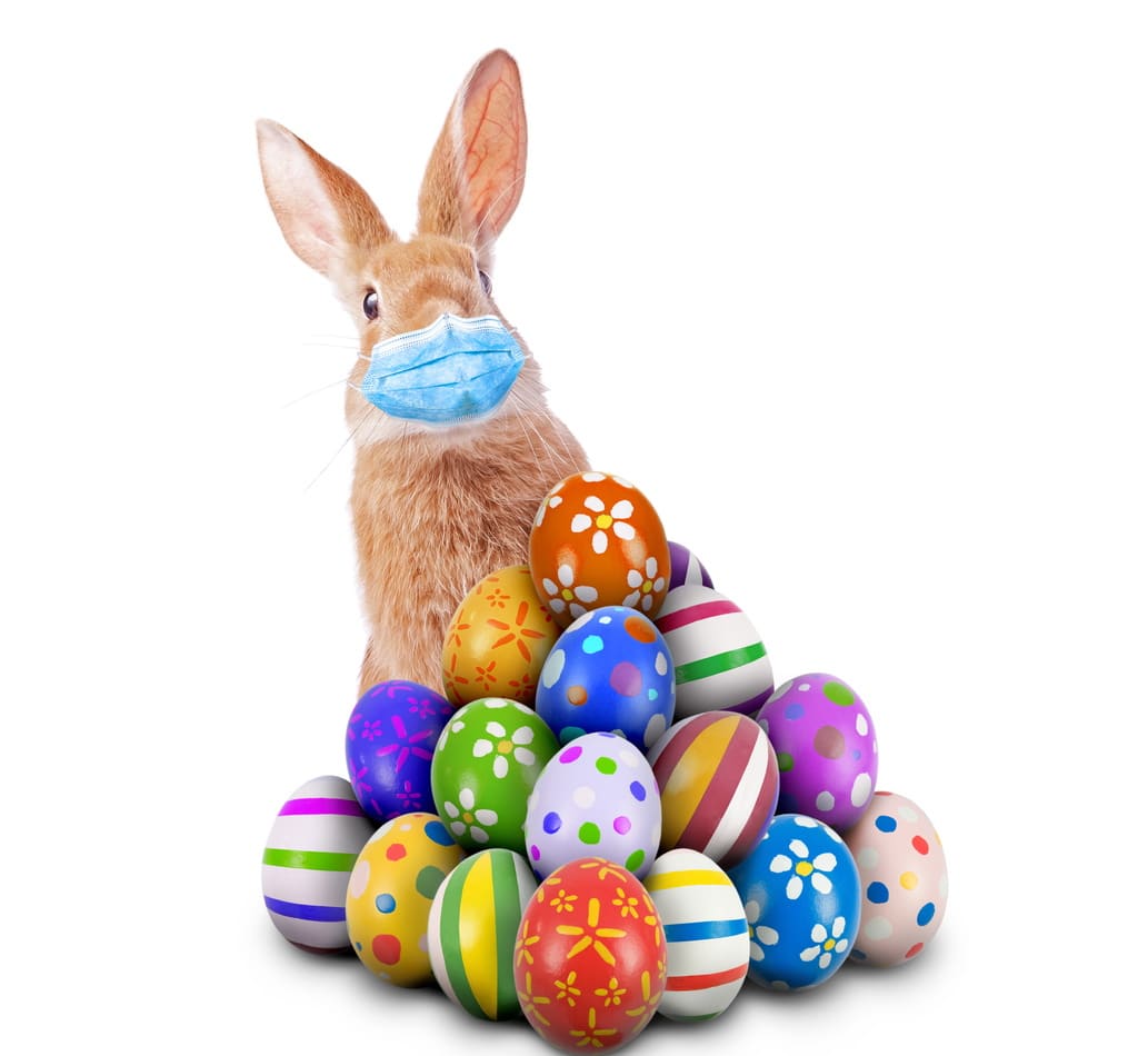 Imagem mostra Coelhinho da Páscoa usando máscara e segurando ovos. Campanha do app da Multiplan quer facilitar vendas às vésperas do feriado