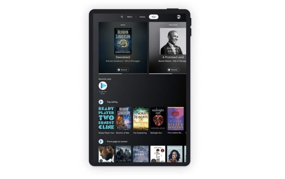 Imagem mostra a guia Livros, do Entertainment Space, recurso do Google para tablets Android