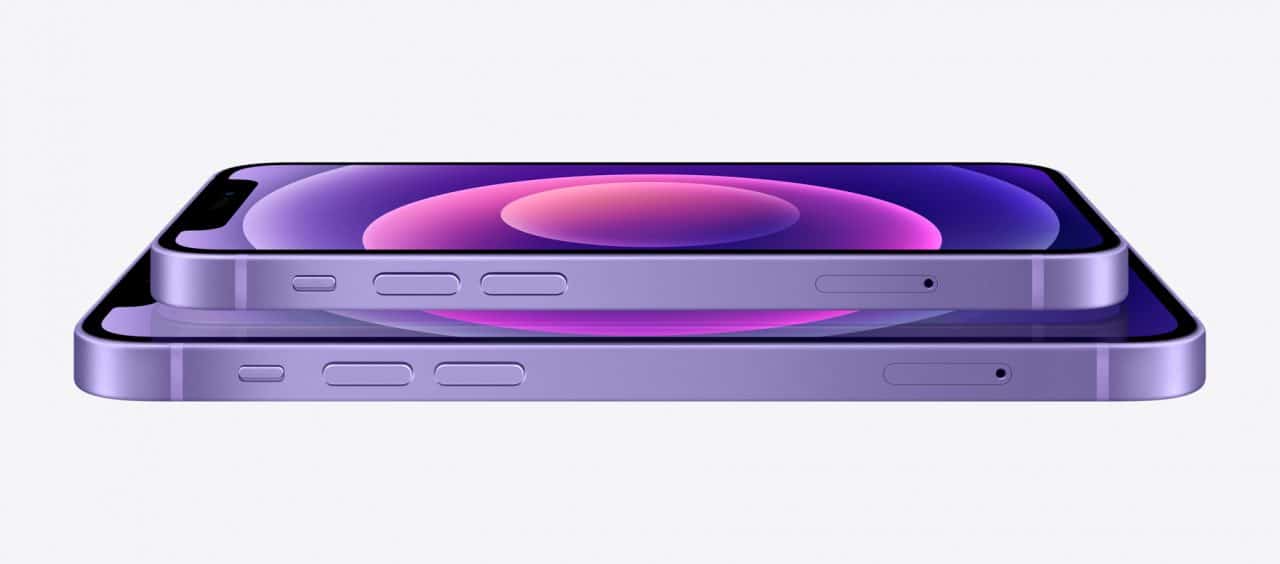 iPhone 12 e 12 Pro na cor roxa, com destaque para a tela