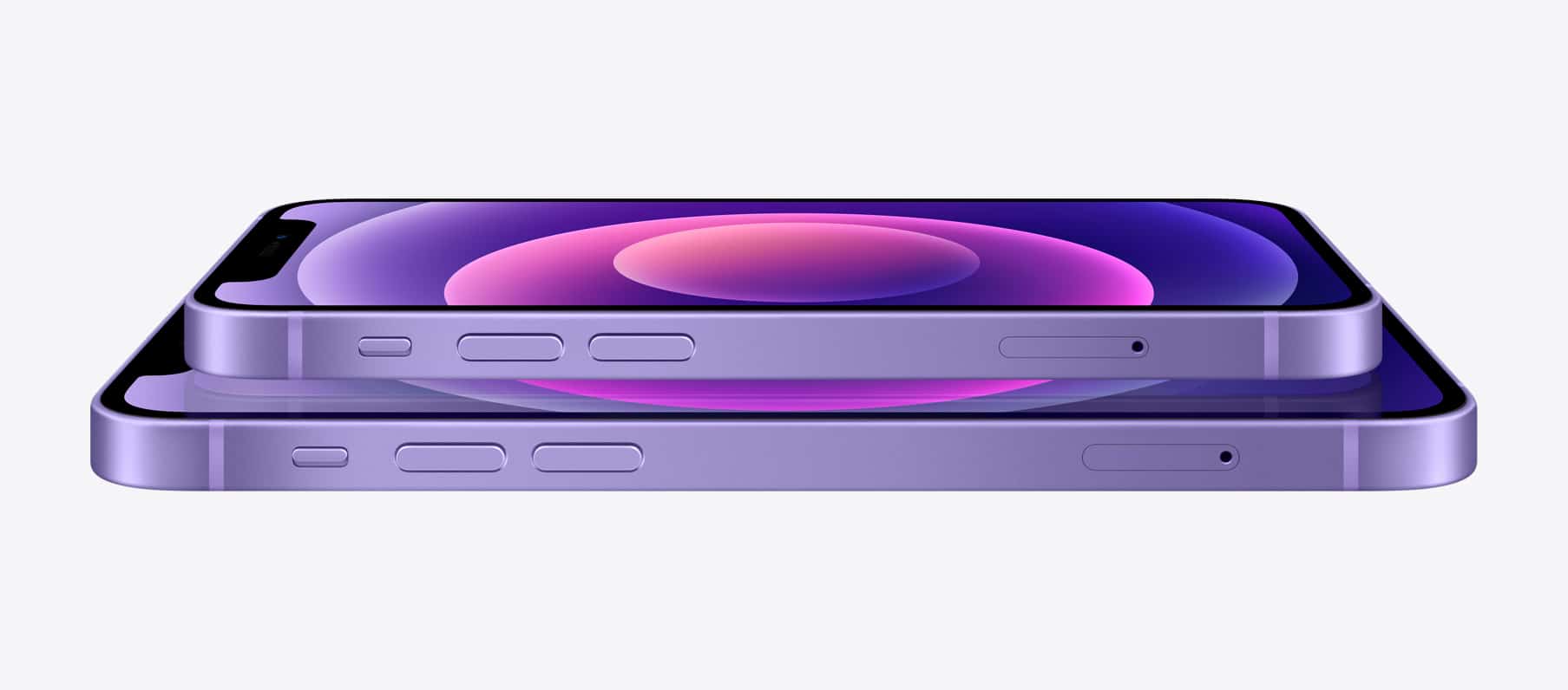 iPhone 12 e 12 Pro na cor roxa, com destaque para a tela