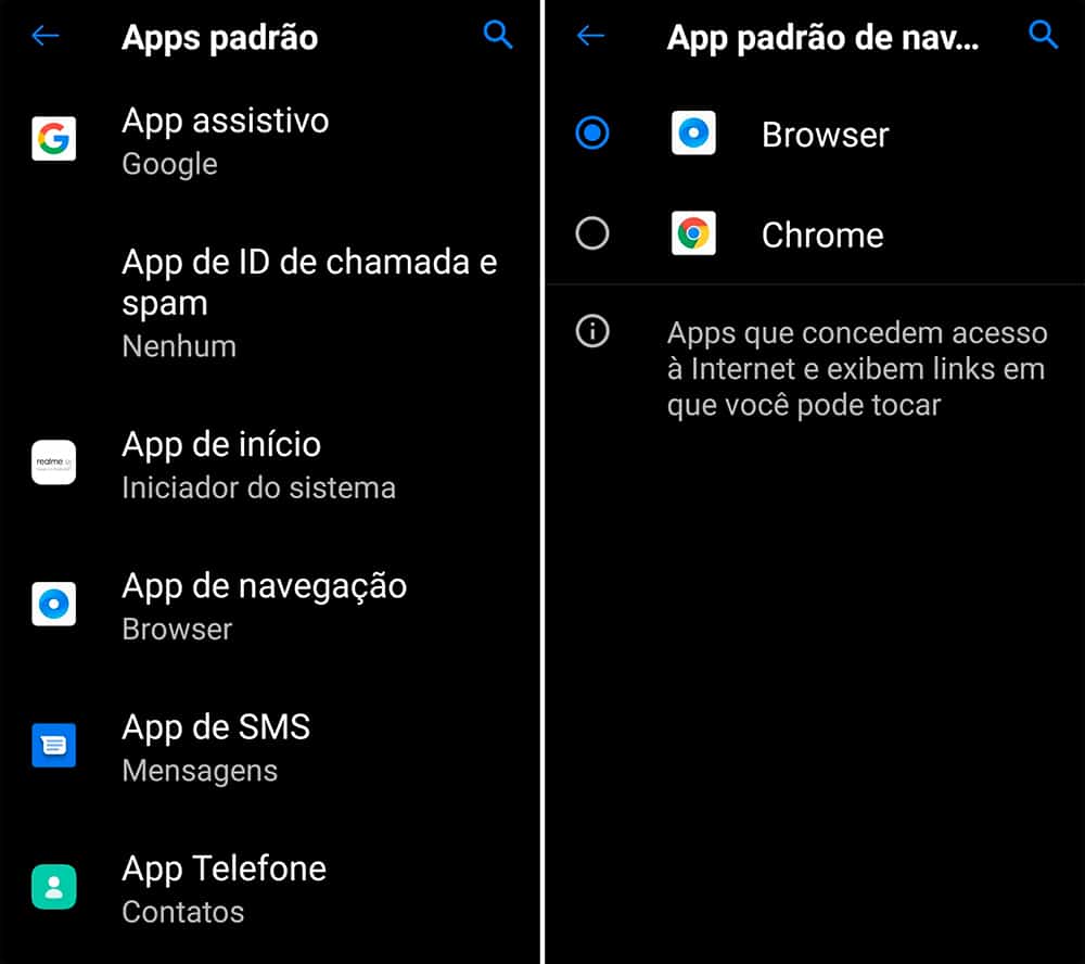 Captura de tela para escolha de apps padrão do Android