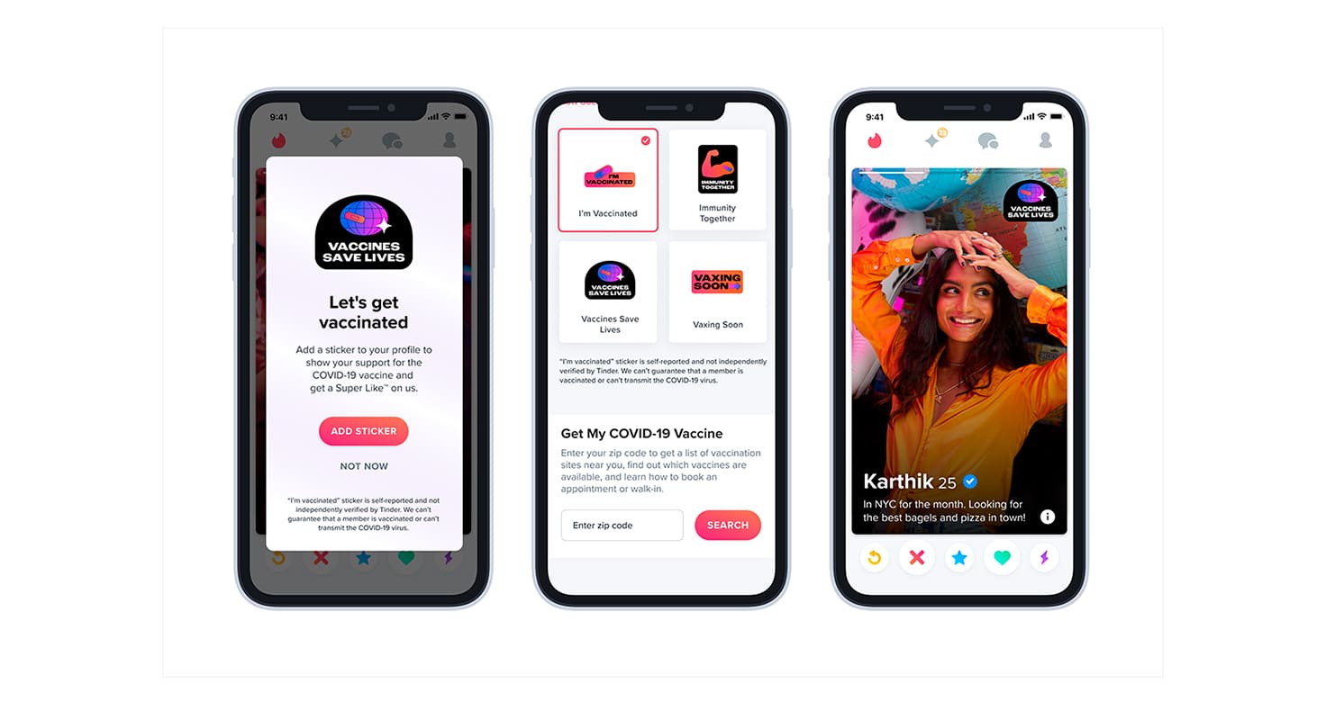 telas do app Tinder, que se uniu a outros apps de encontros para dar recompensas para quem já tomou as vacinar