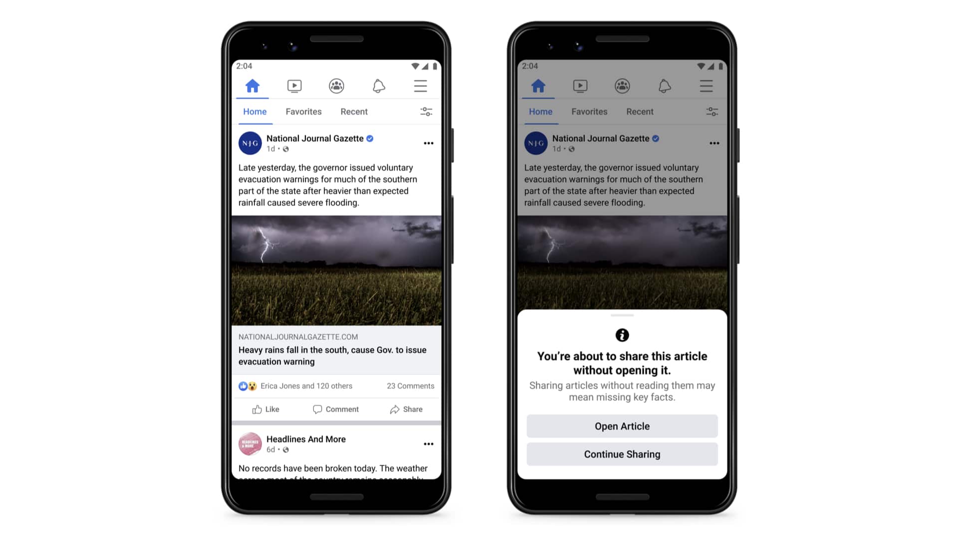 Facebook implementa aviso antes de compartilhar notícias