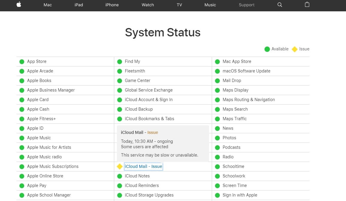 Captura de tela mostrando problemas do iCloud