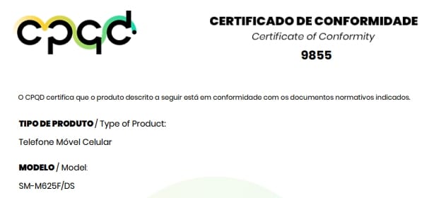 Documento da homologação do Samsung Galaxy M62 no Brasil