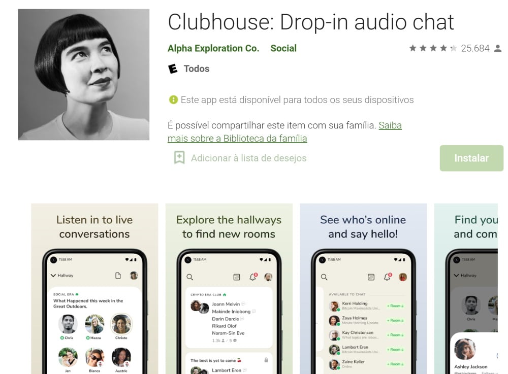 Imagem mostra número de downloads do Clubhouse para Android no Brasil
