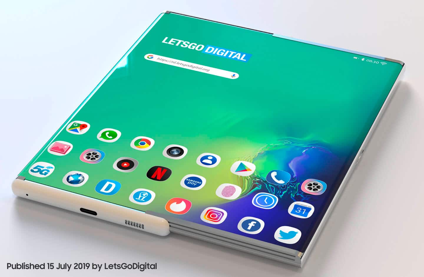 Imagem mostra primeira ideia da Samsung para o Galaxy Z Roll, retrátil da marca, que deve ser lançado em 2022