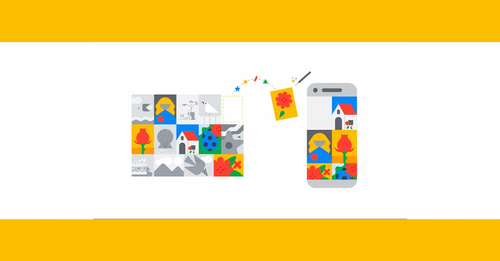 Montagem com ilustrações coloridas para representar o Google Fotos